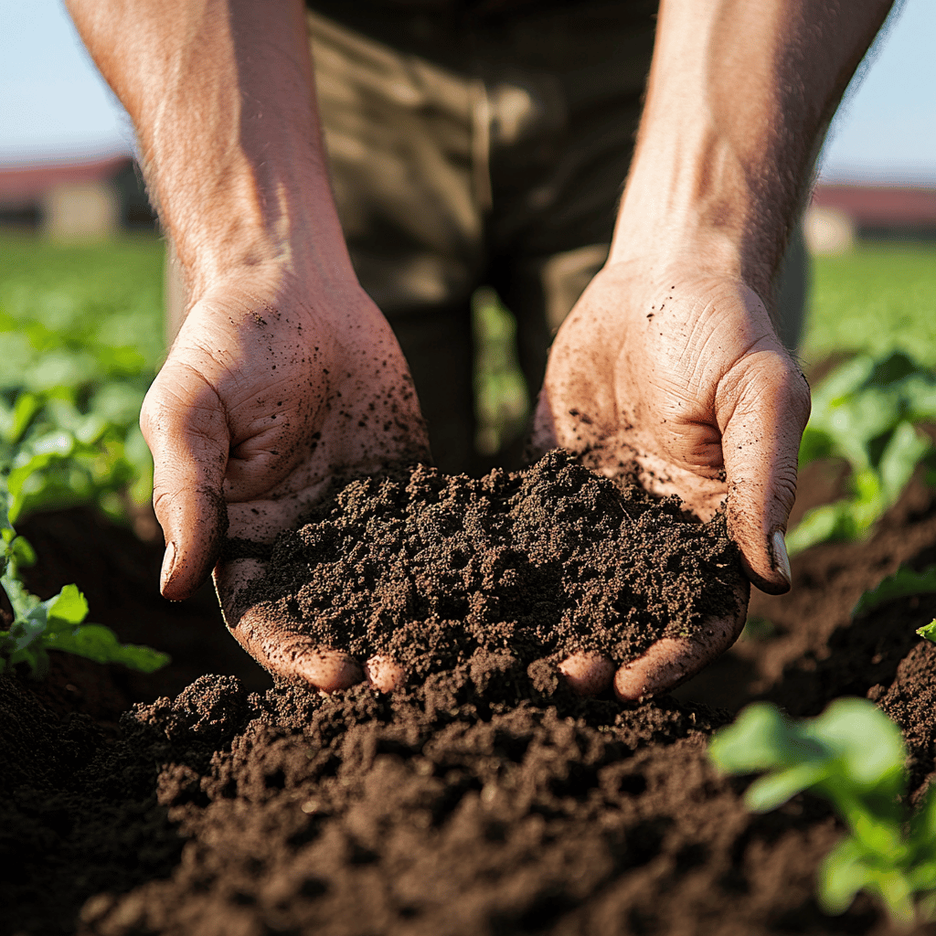 Farmer holding rich soil in hands over a field with young green plants, symbolizing agriculture and growth.