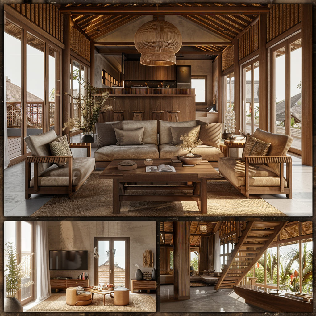 Three images of a modern, tropical-style living room with wooden furniture, large windows, and natural light.