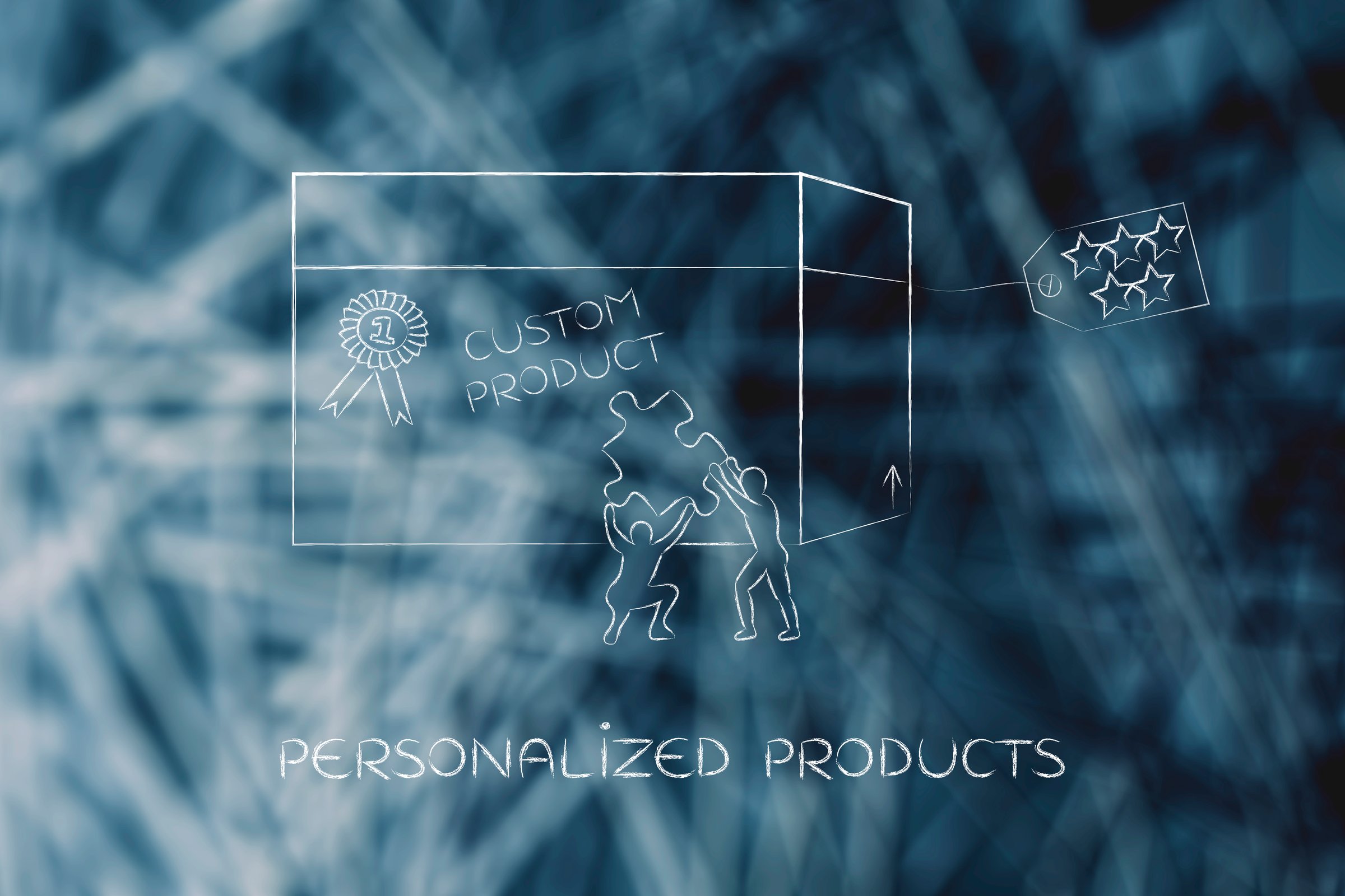 product customization concept: men with missing piece of puzzle completing a personalized item box