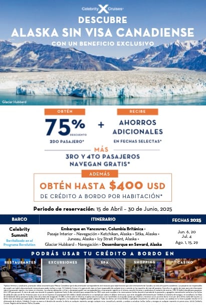 Cruise promotion for Alaska without Canadian visa, offering discounts and onboard credits for 2025 sailings.