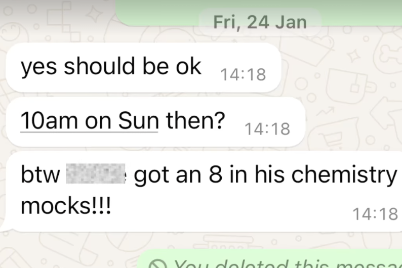 WhatsApp chat discussing a meeting time and mentioning someone scored an 8 in chemistry mocks.