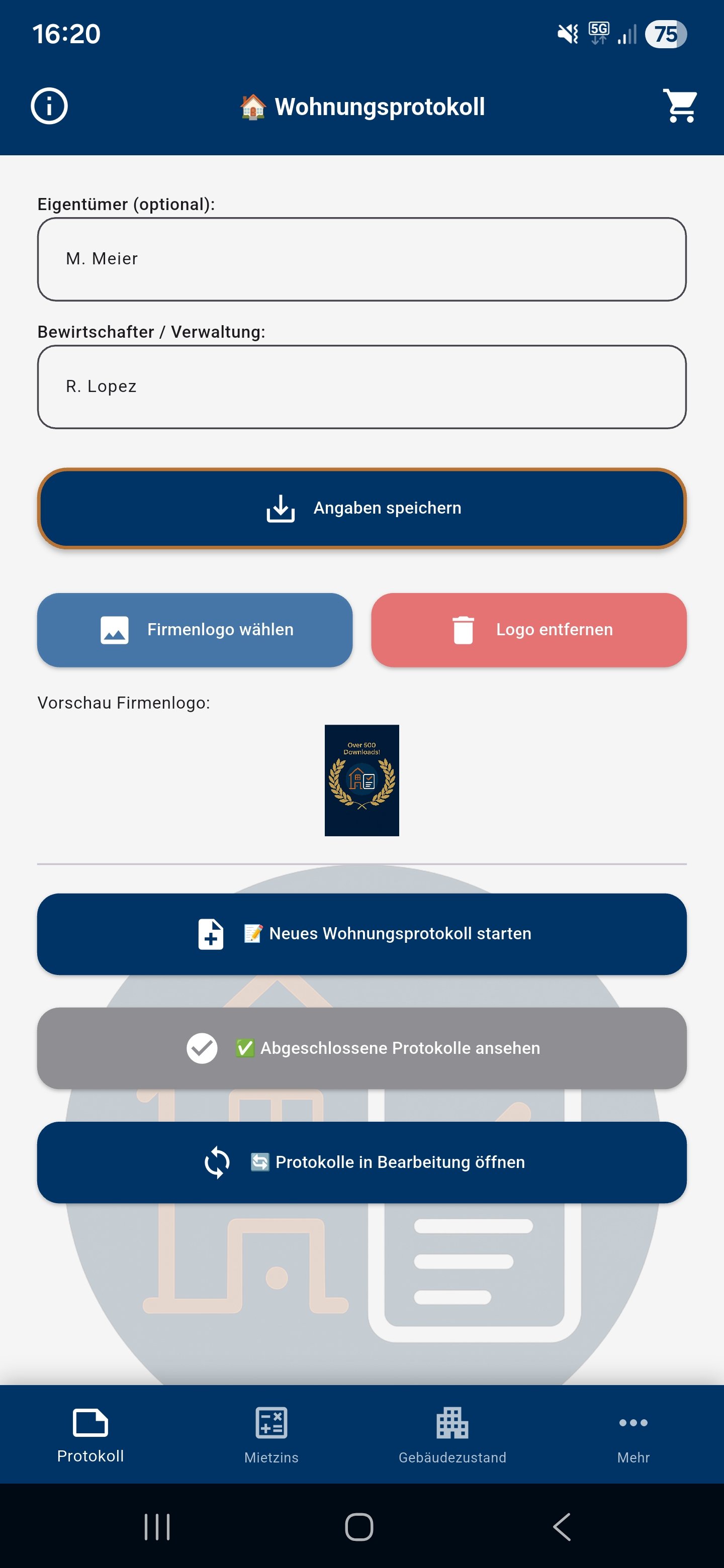 Wohnungsprotokoll App Startbildschirm