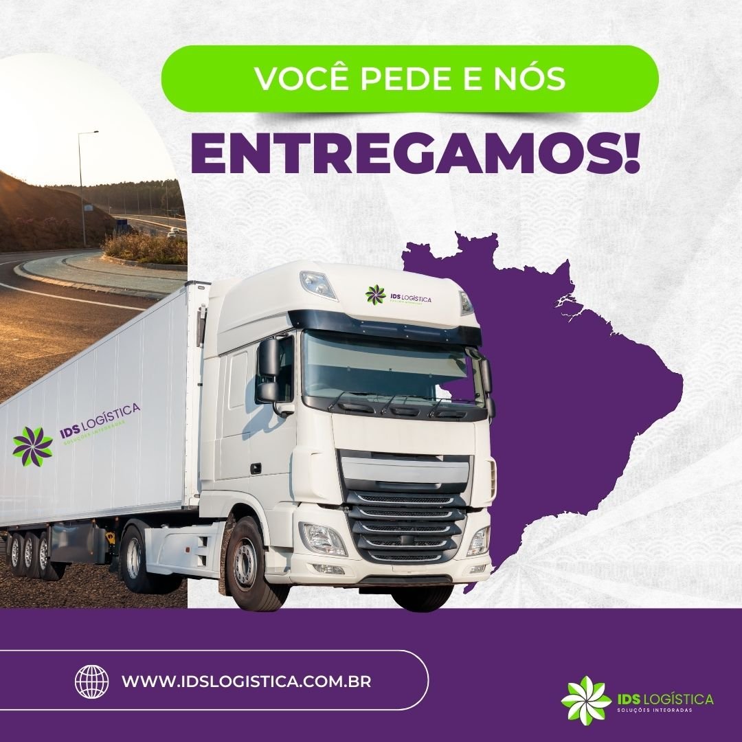 Truck with IDS Logística logo, map of Brazil, and text 'Você pede e nós entregamos!' promoting delivery services.