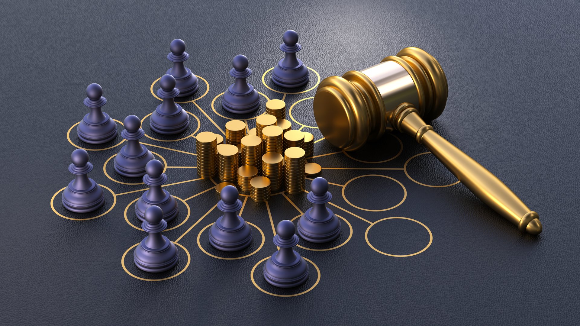 In this 3D illustration, chess pawns stand on rings connected by arrows in a circular diagram, symbolizing stakeholders sharing a central pile of gold representing capital. The arrows represent the flow of shared wealth between the stakeholders. Positioned next to this circle is a gavel on the ground, symbolizing justice and fair distribution under the law. The concept illustrates a stakeholder system protected by legal and ethical frameworks.