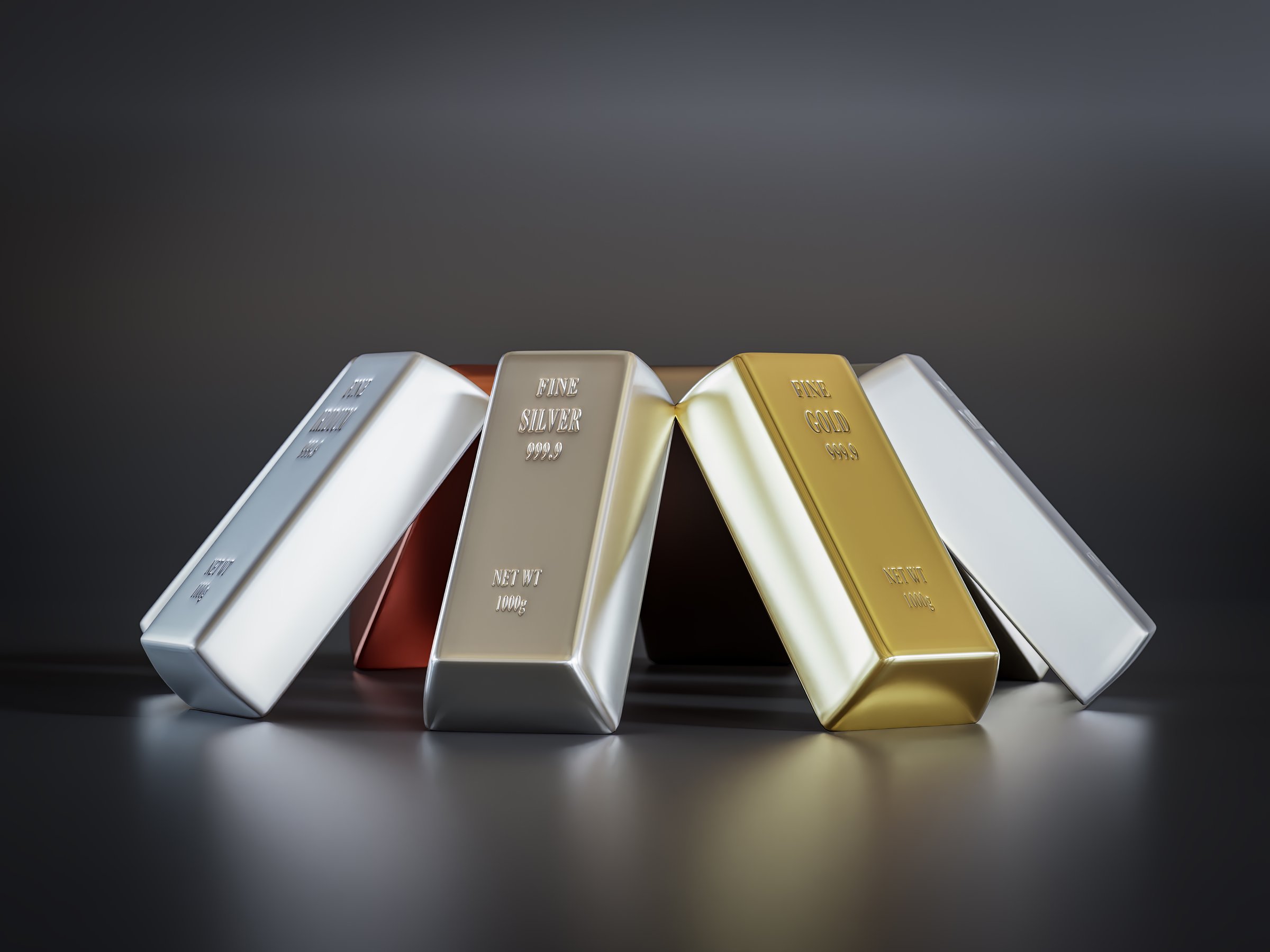 3d rendering of eight common precious metal bars arranged into prism on black background