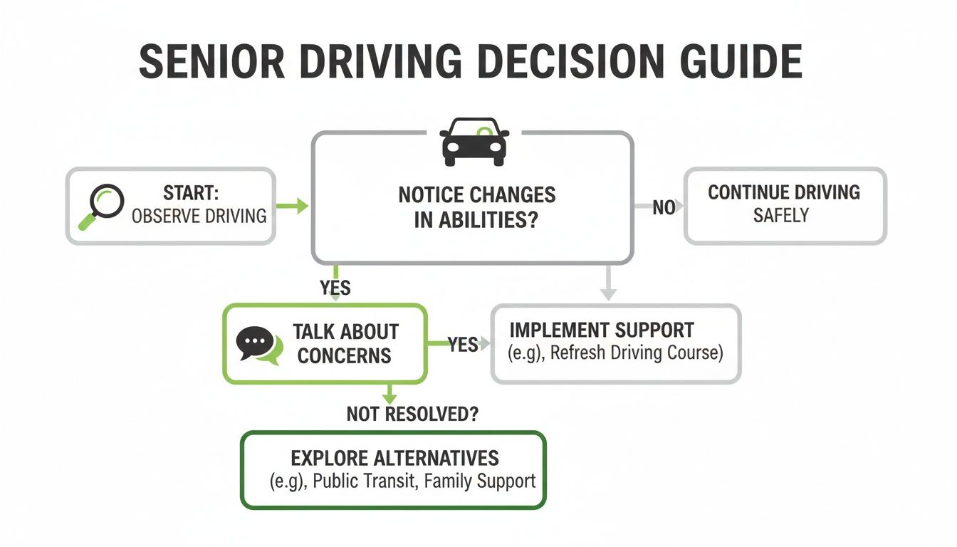 A flowchart guiding seniors and families through decisions about driving safety and alternatives.