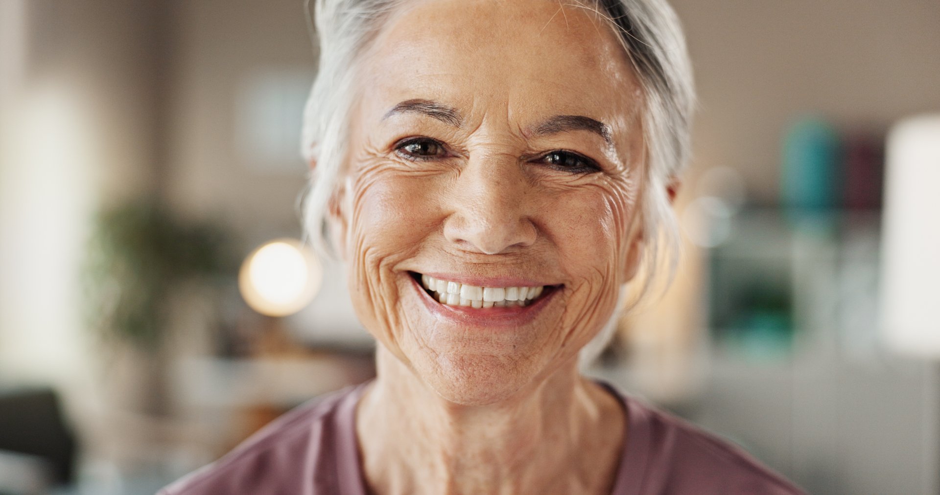 Mature woman, portrait and smile with dental treatment, collagen facial results and microblading confidence. Beauty, anti aging and cosmetics for wrinkles, skin hydration or dermatology for aesthetic
