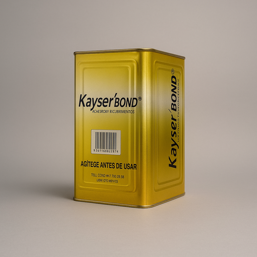 Yellow Kayser Bond adhesive tin with barcode and usage instructions in Spanish. Rectangular shape on a plain background.