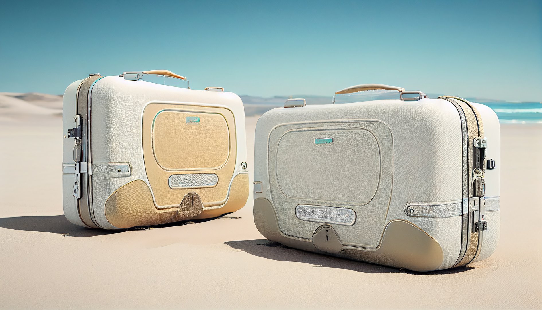 Two vintage suitcases on a sandy beach with a clear sky and ocean in the background.