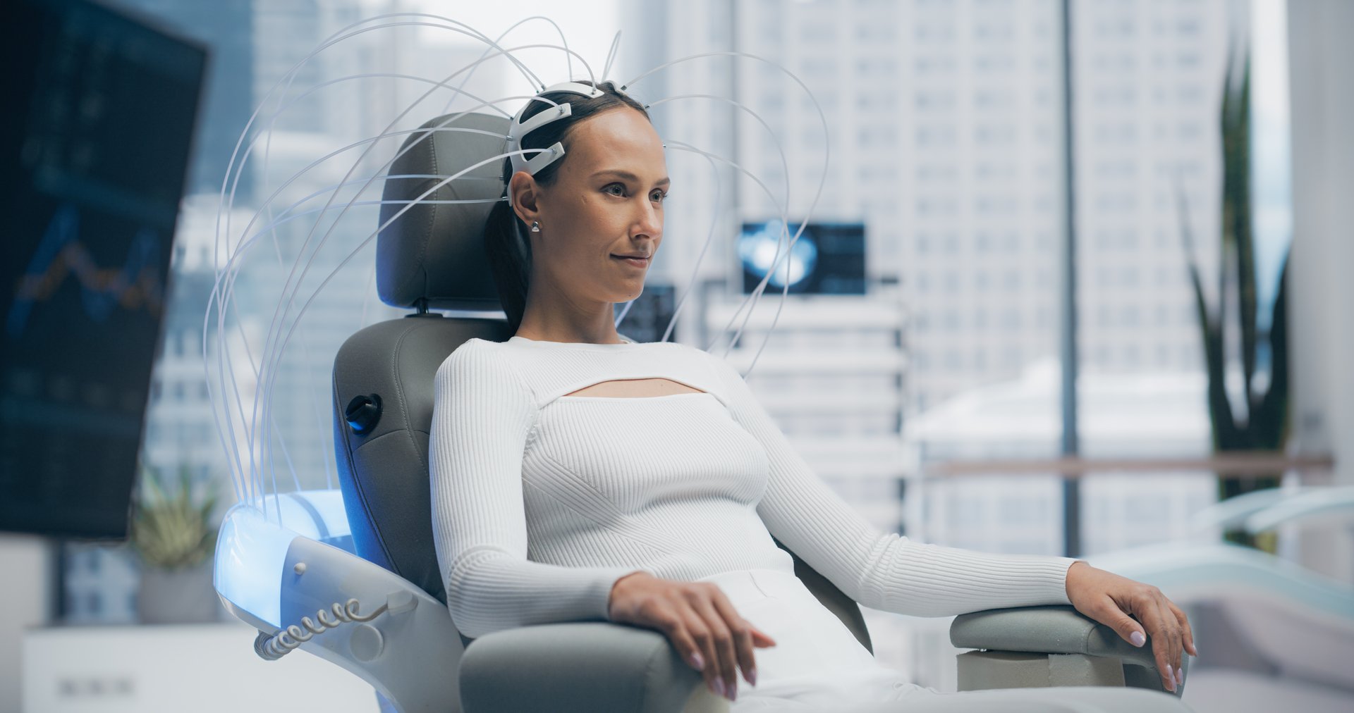 Futuristic Lab Use Advanced Technology to Scan Female Patient's Brain, Analyzing Data on High-tech Monitors. Patient, Connected to a High-Tech Device