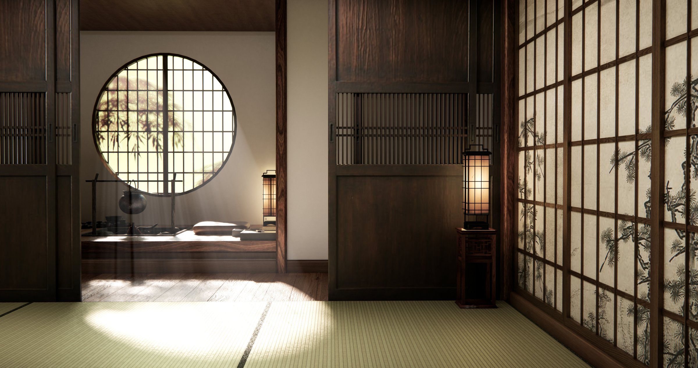 Traditional Japanese tatami room interior with wooden elements shoji sliding doors, and soft warm lighting. 3D rendering