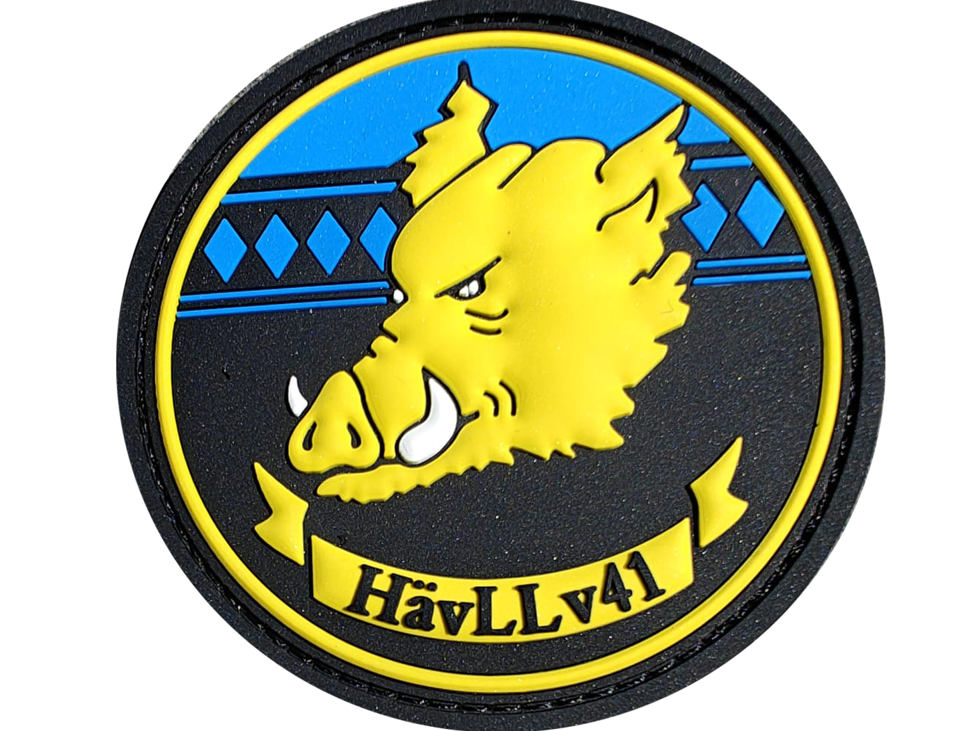 Emblem featuring a yellow boar head with tusks on a blue and black background, labeled HävLLv41 at the bottom.