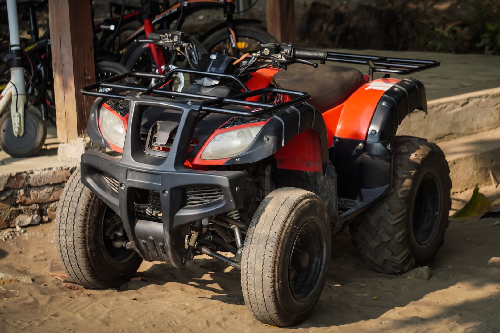 ATV 4WD quadbike motorcycle, All-Terrain vehicle rental for tourist. Offroad adventure trip. Extreme sport activity with mini car.