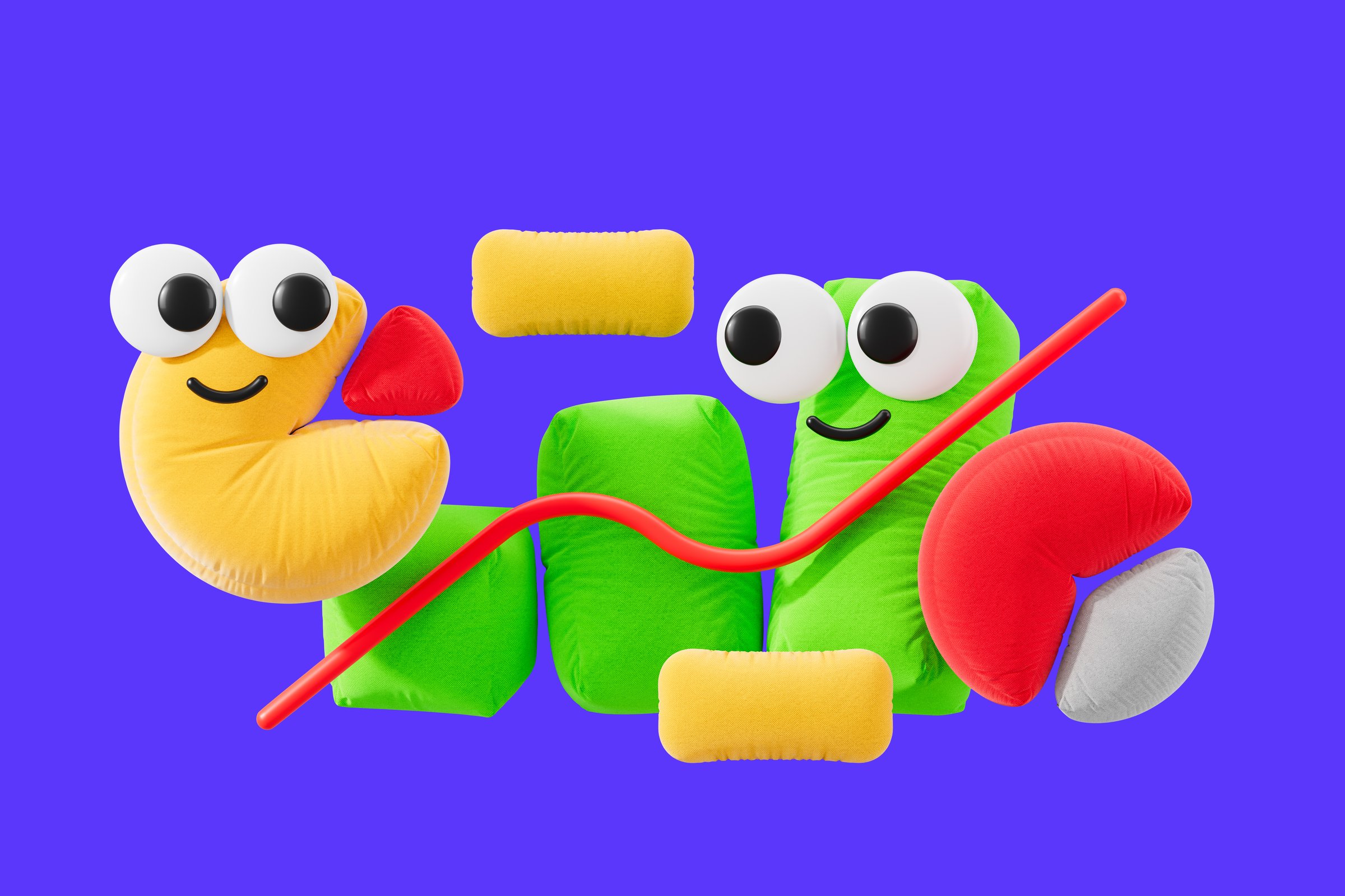 Colorful 3D render of pie chart and graph elements with soft, playful designs and expressive faces, set against a vibrant blue background. Concept of creative data visualization. 3D Rendering.