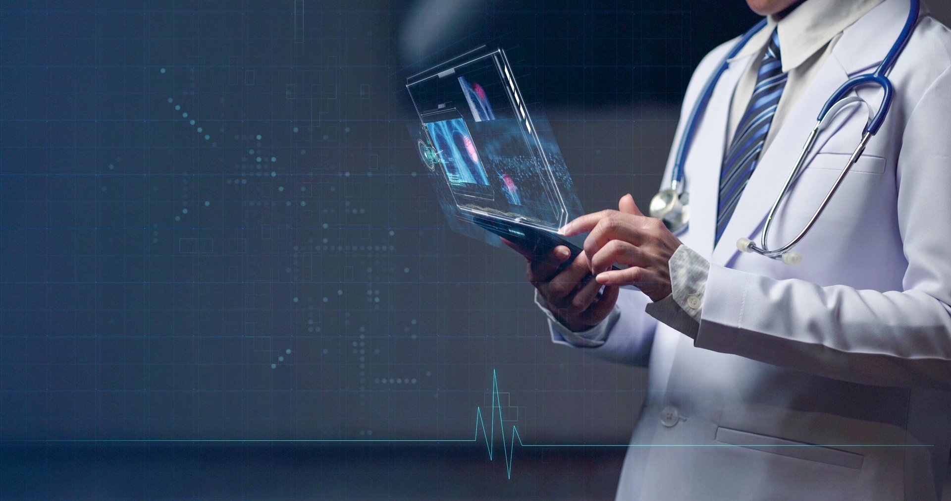 Woman doctor reviewing a human anatomy on head up display, futuristic medical examination hologram display, futuristic HUD show graphic of patient anatomy and x-ray image by telemedicine