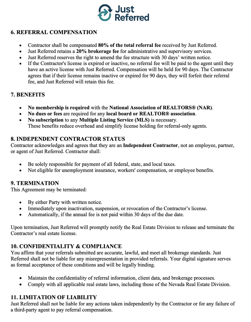 Just Referred Independent Contractor Agreement Page 2