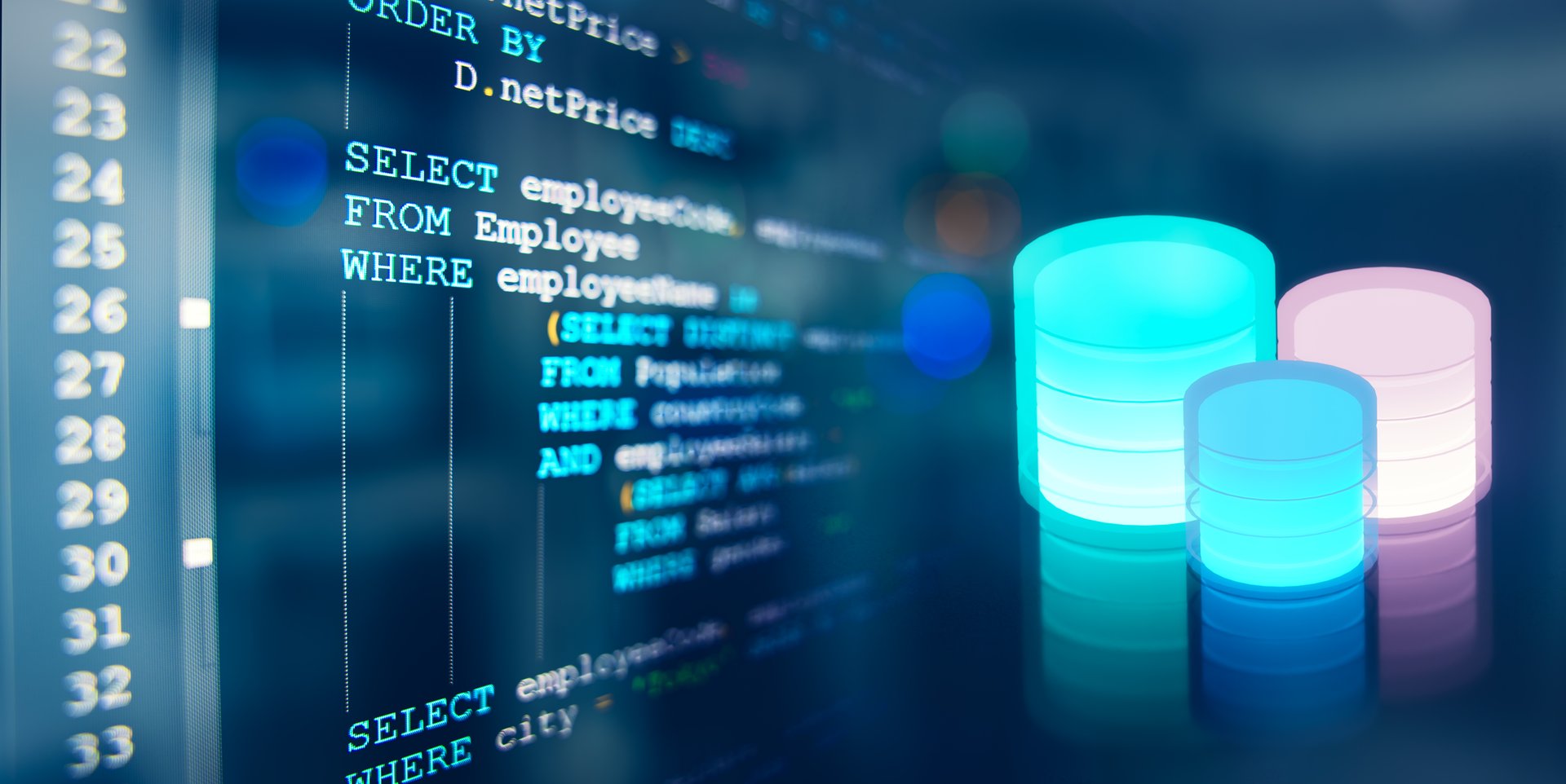Developer or Programmer's text editor showing SQL Structured Query Language code on computer monitors with Database and server room background. Computer courses, Training, Learning, Database Backup.