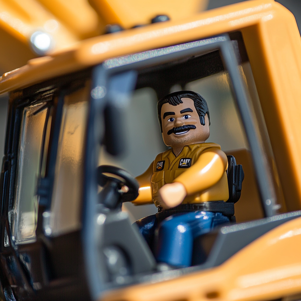 Toy construction worker figurine driving a detailed miniature excavator model with a focus on the cabin interior.