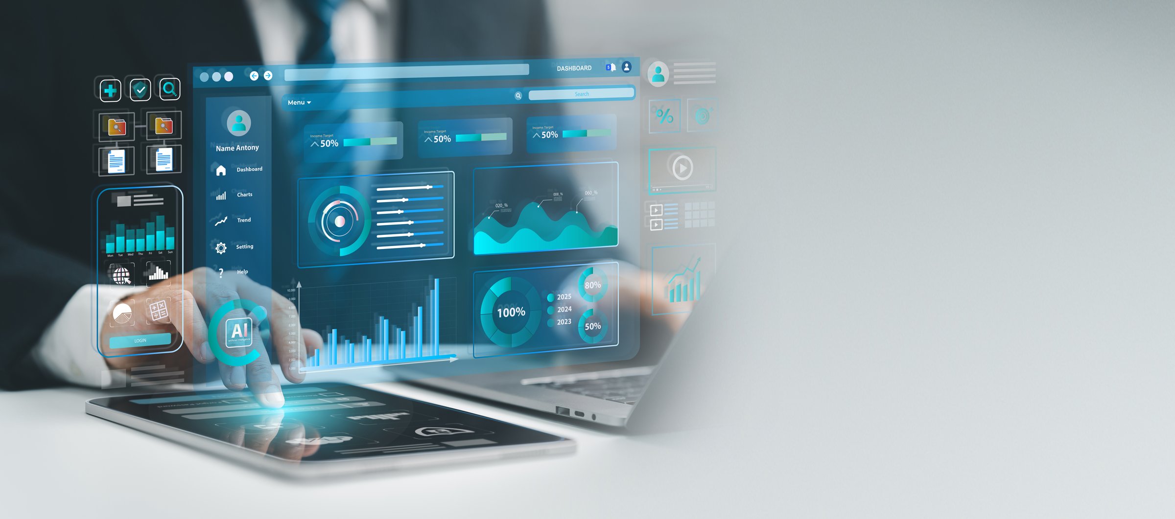 Businessman Analytics Data Dashboard: Key Performance Indicators Monitored by Analyst on Computer. Data System KPI and metrics connected in database for follow earnings, operations, sales data.