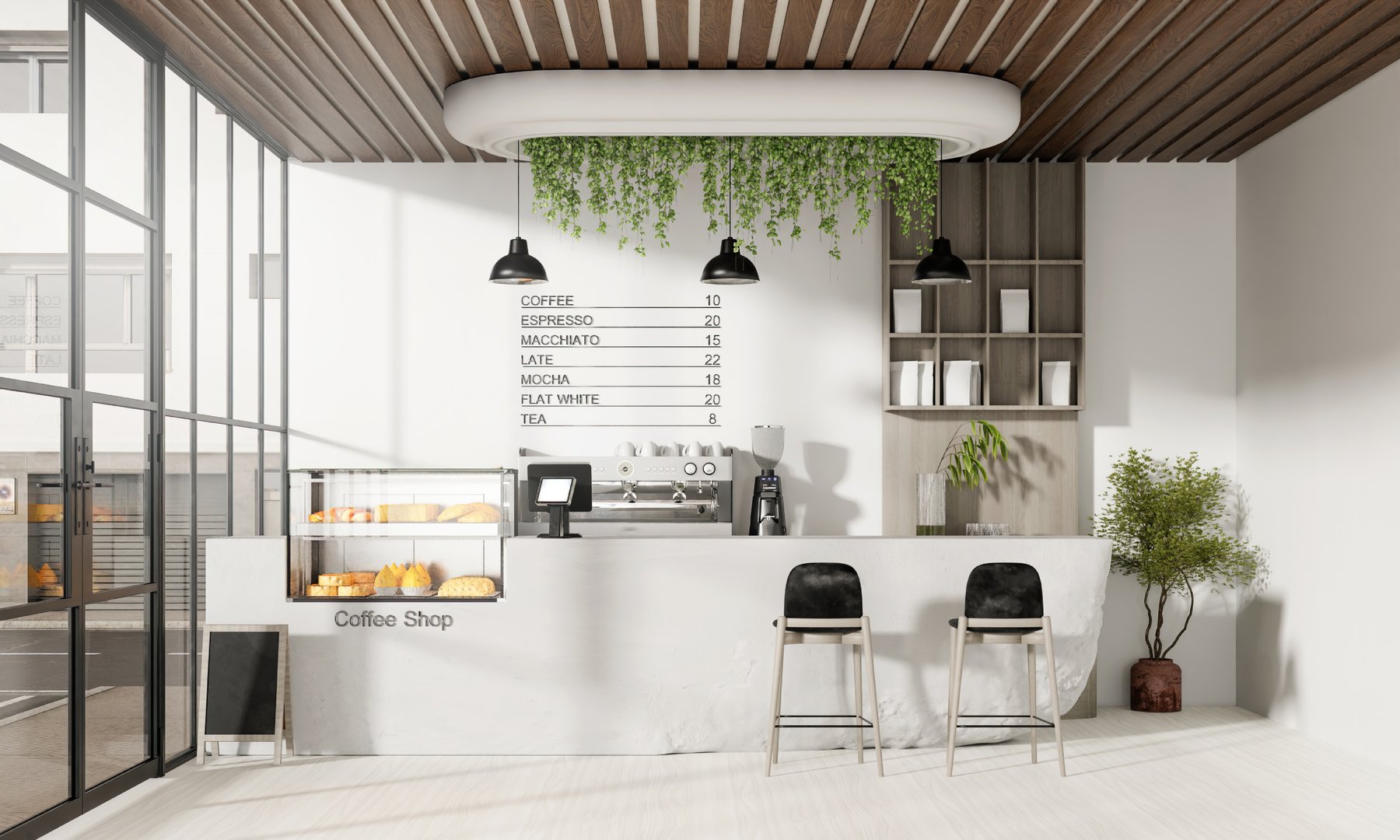 A stylish coffee shop that highlights greenery and contemporary design, creating a delightful atmosphere for coffee lovers.