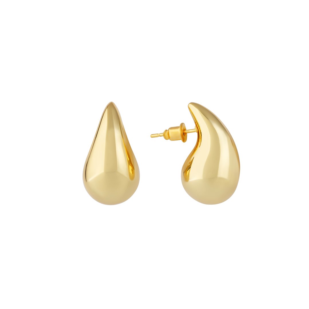 Elegant gold teardrop earrings with stud backing on white background. Jewelry catalog