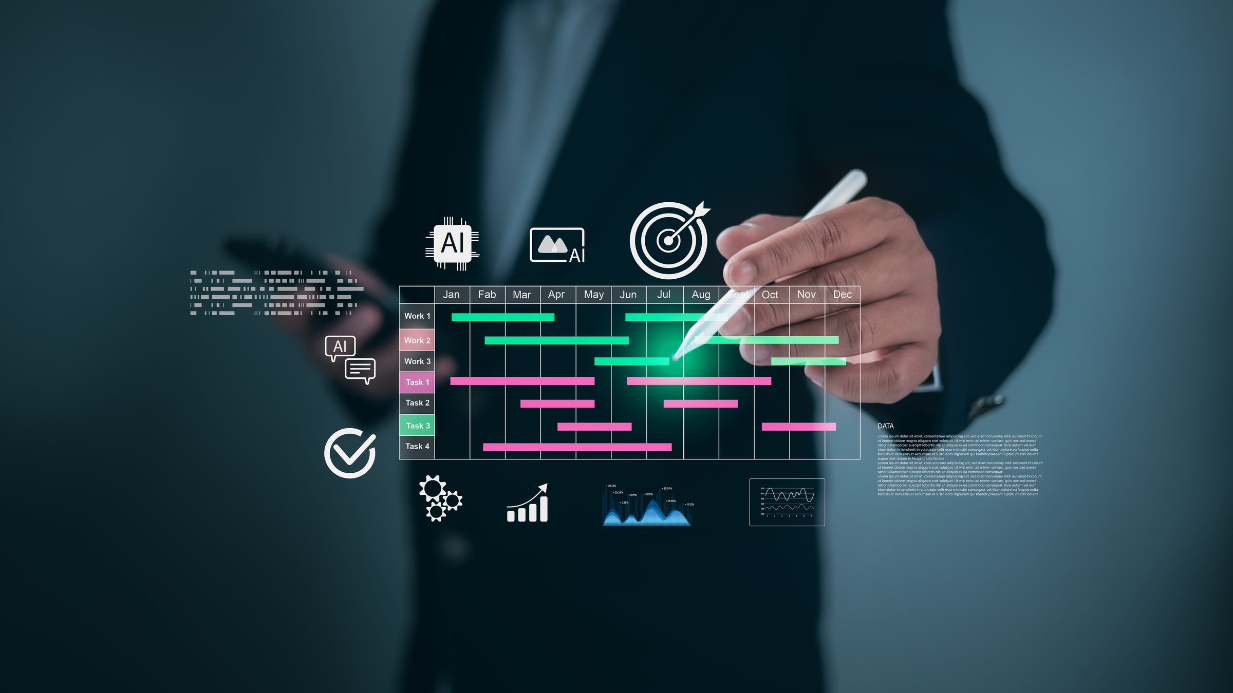 Business concept of project management and timeline scheduling with AI tech, Professional analyzing Gantt charts and tracking workflow progress with advanced planning and deadline execution tools.