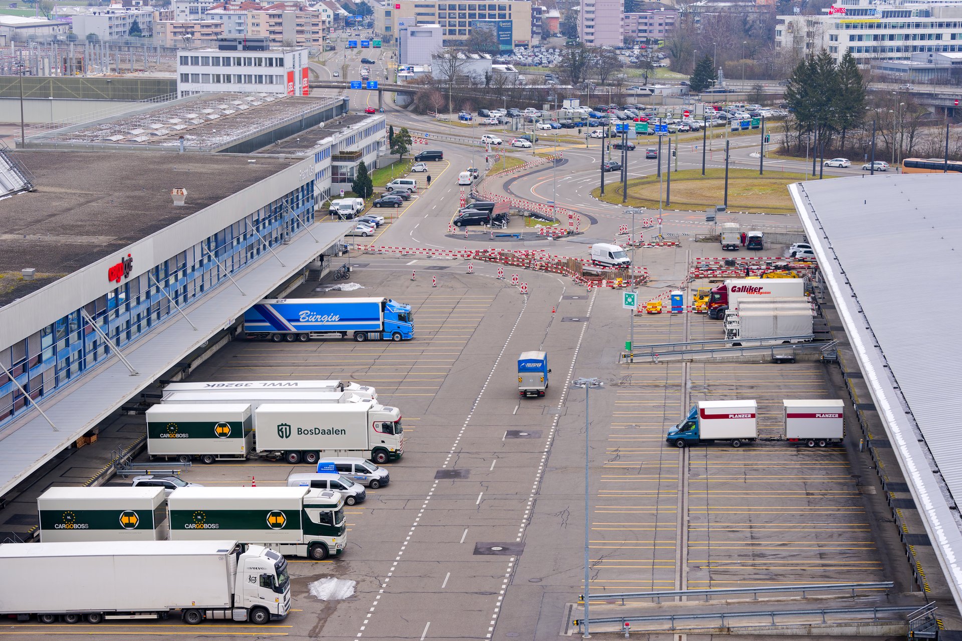 Aerial view of trucks at logistics center at Swiss Airport