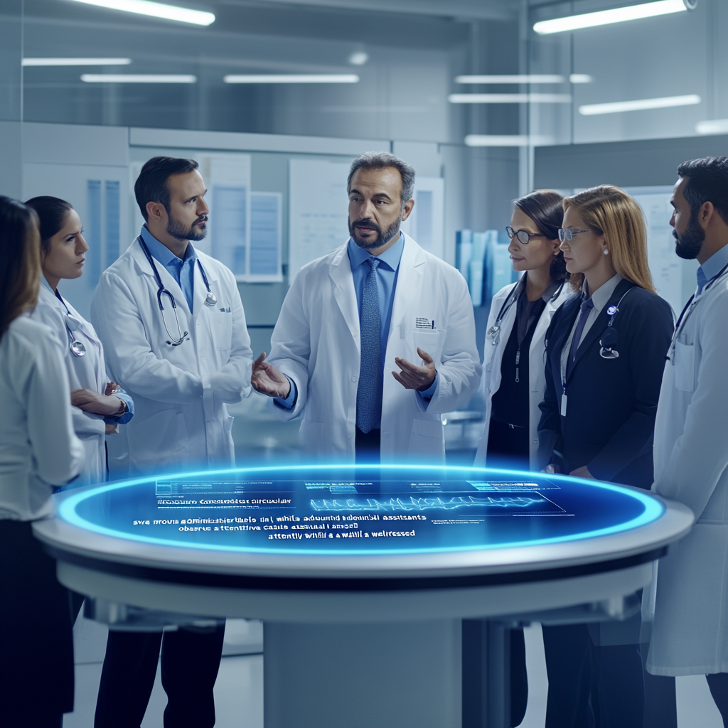 Doctors in lab coats having a discussion around a large, interactive table with digital display in a modern lab.