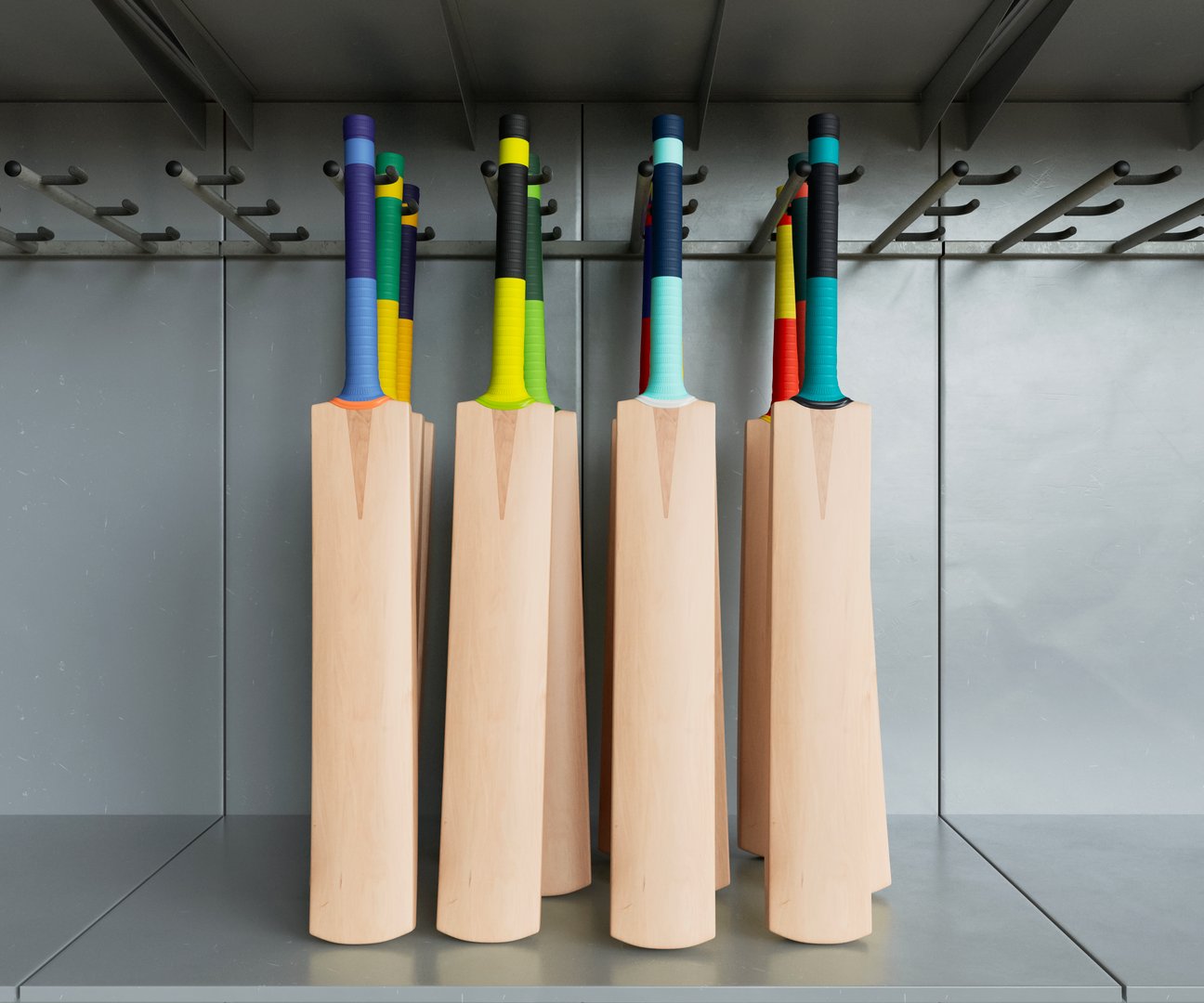 A collection of generic cricket bats with various colorful grips on arranged on a shopping shelf display rack    - 3D render