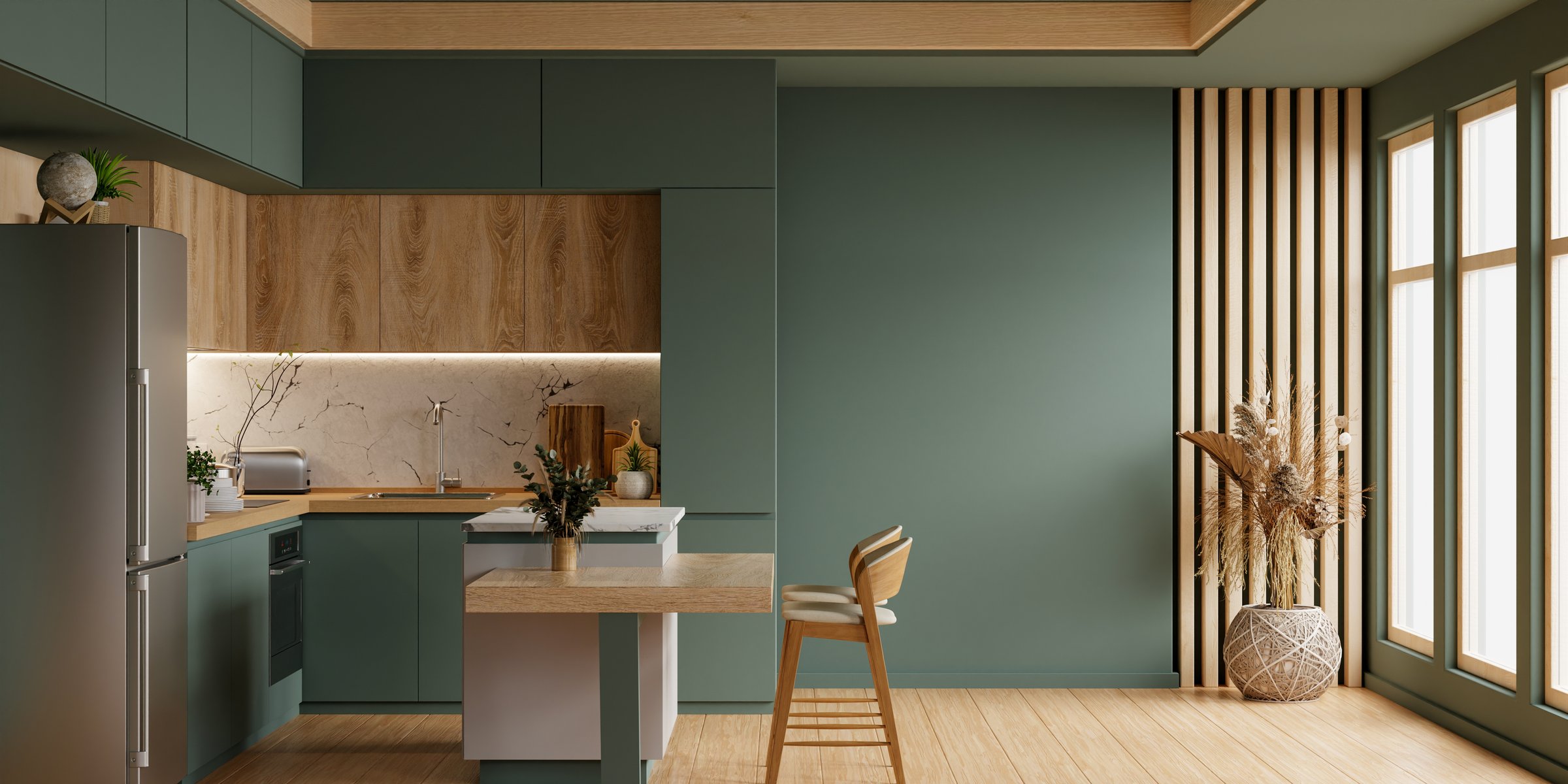 Cozy modern kitchen room interior design with dark green wall- 3D rendering