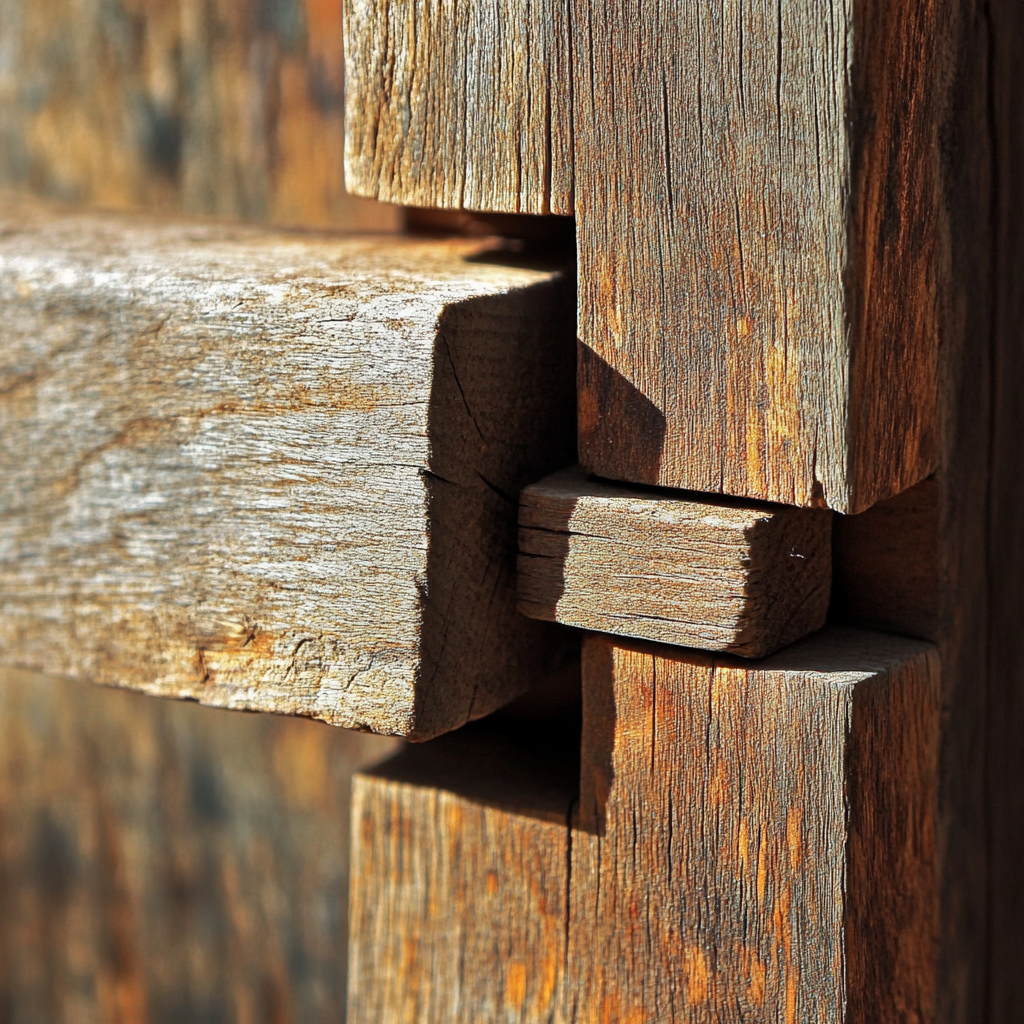 Close-up of interlocking weathered wooden beams with a rustic texture, showcasing intricate joinery.