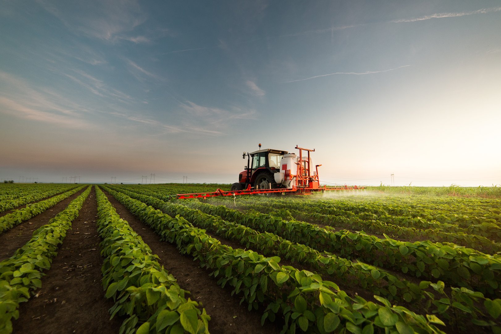 Tractor spraying soybean field agricultural operations