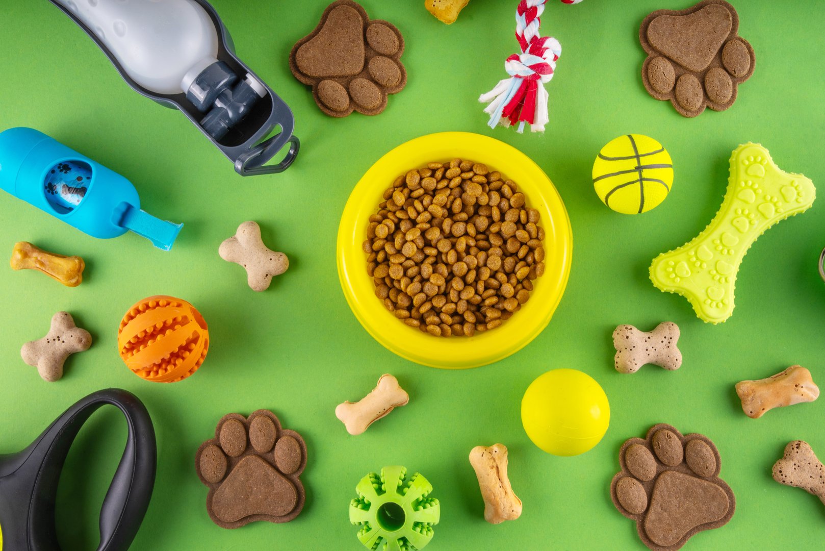 Flat lay composition with food, snacks, toys and accessories for dog and cat on bright background. Pet care, dog shopping and sale concept top view copy space