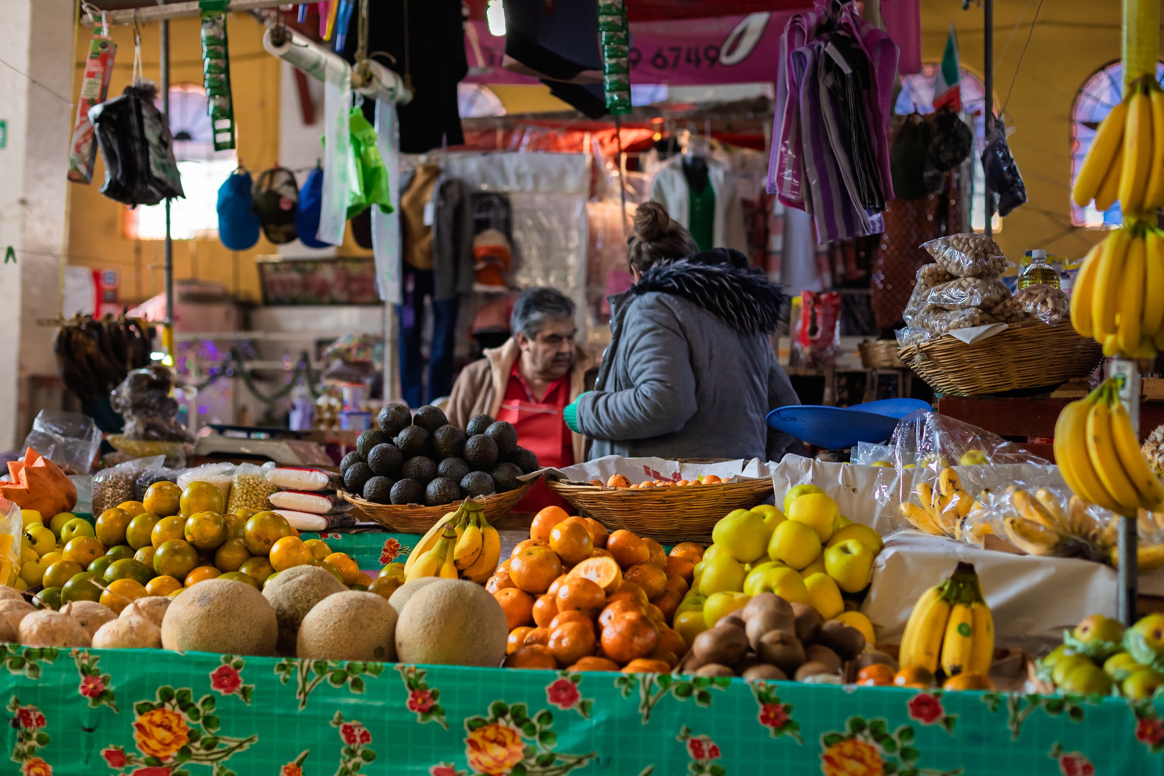 Real del Monte, Mexico - January 4, 2025: Market with fruits and vegetables on display