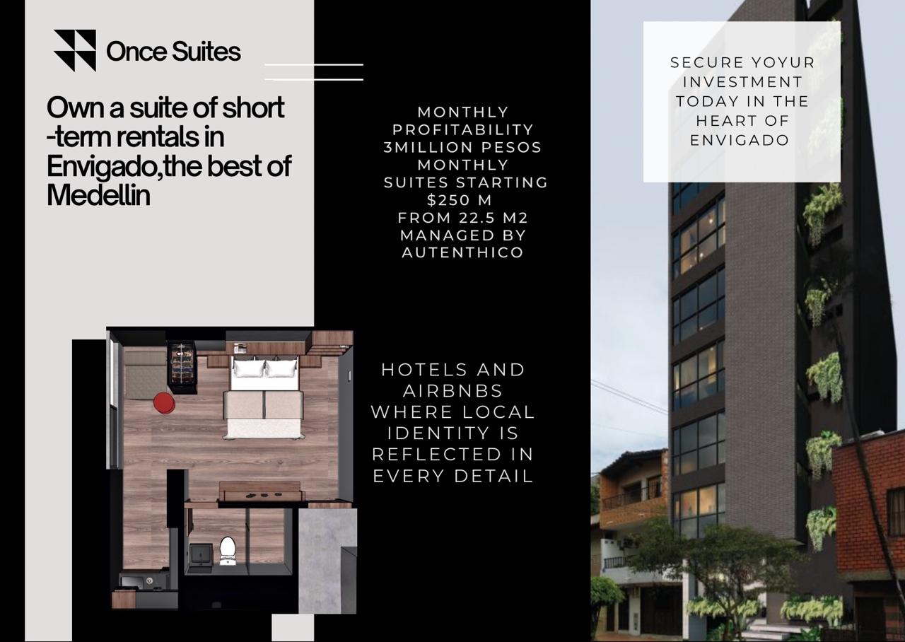 Ad for Once Suites, short-term rentals in Envigado, featuring floor plan, building exterior, and investment details.