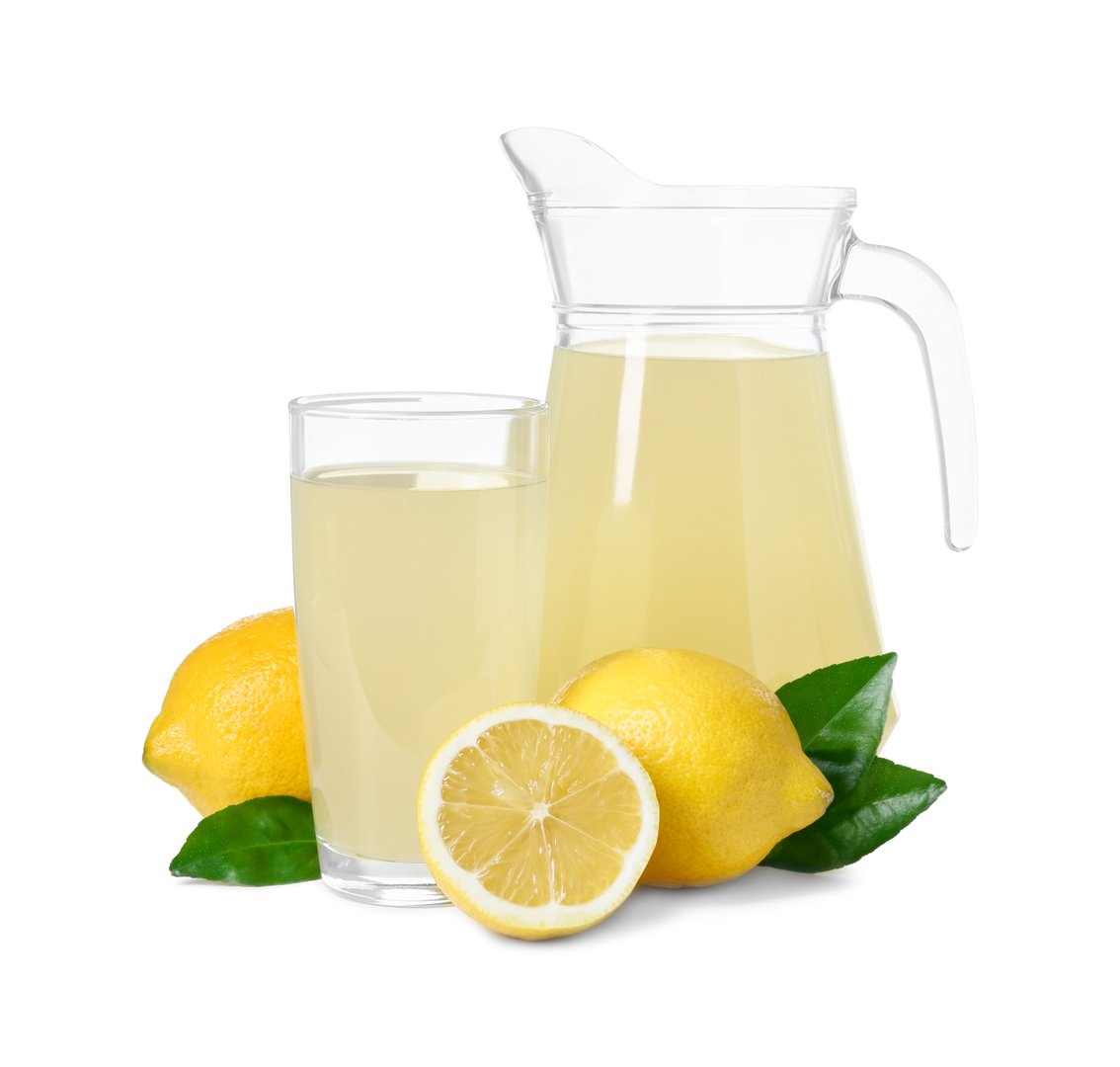 Refreshing lemon juice, leaves and fruits isolated on white