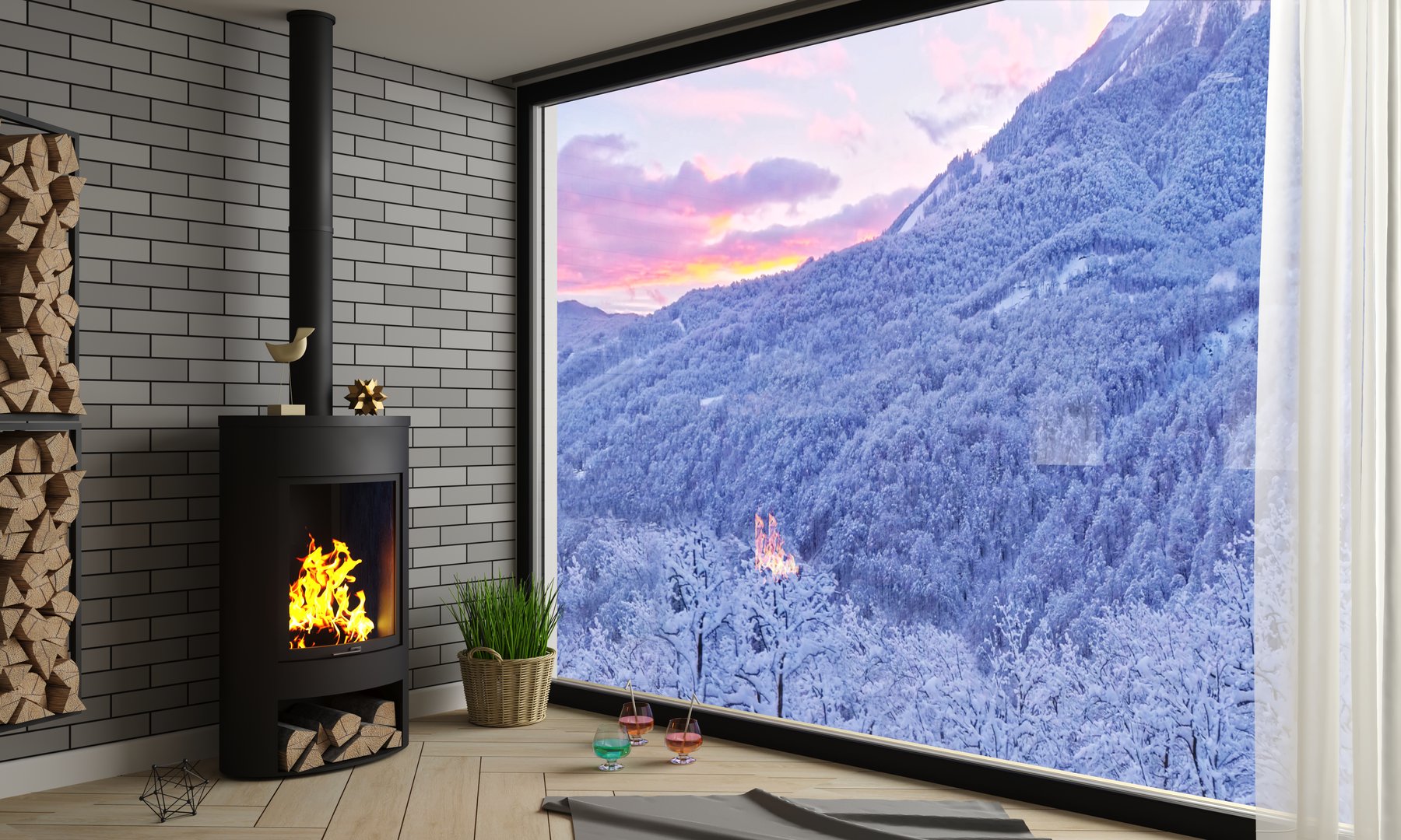 Panoramic luxury hotel with fireplace in mountain landscape