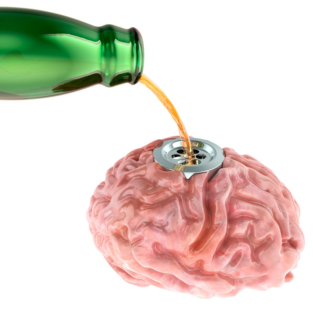 Alcohol addiction, concept. Alcohol flows into the brain through sink drain. 3D rendering isolated on white background