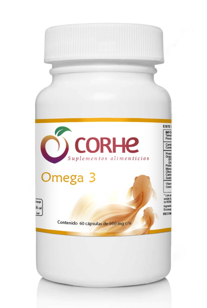 White bottle of Corhe Omega 3 supplements with 60 capsules, featuring a logo and nutritional information.