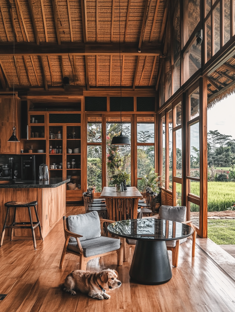 Spacious room with wooden decor, glass walls, dining table, chairs, and a dog lying on the floor, overlooking a lush landscape.