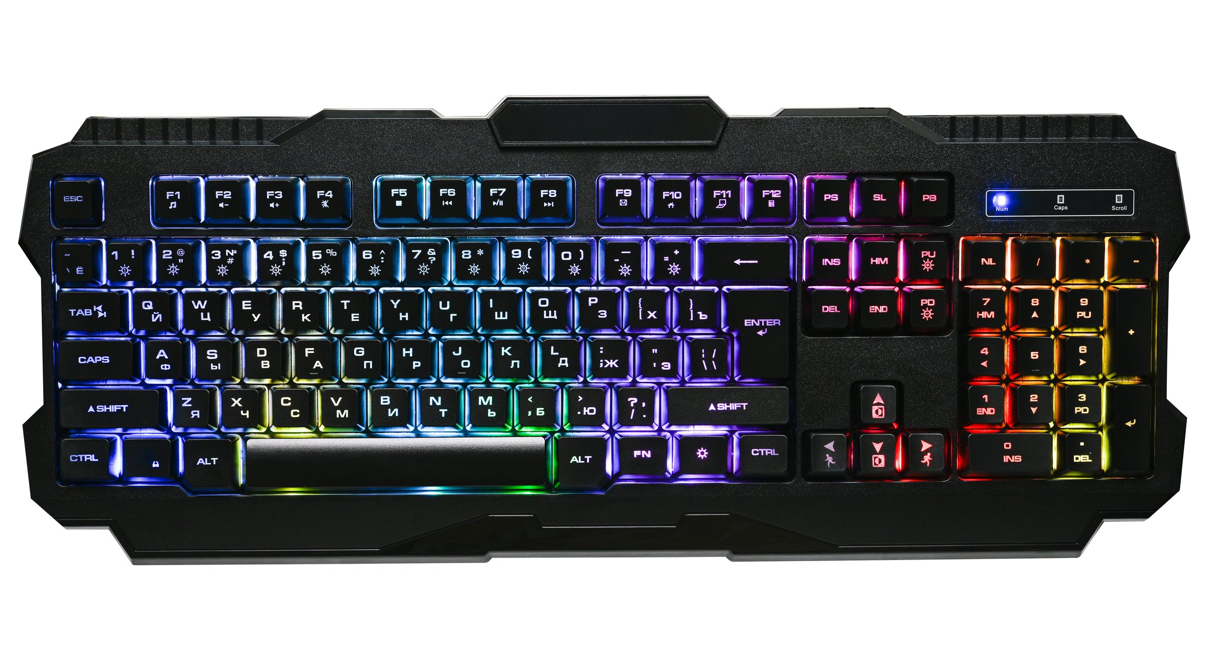 Mechanical computer gaming keyboard with RGB LED backlight isolated on a white background. Top view.