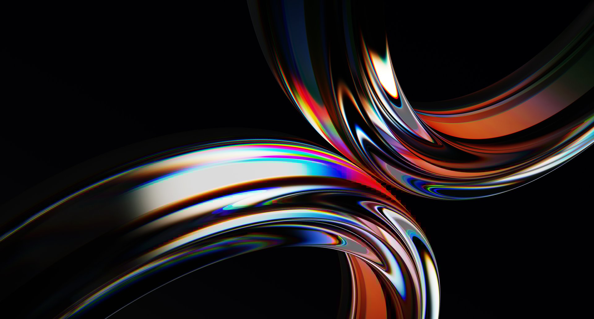 3d iridescent liquid glass ribbon wave line with neon rainbow light texture on abstract black background. Holographic gradient water flow with speed motion effect. Digital tech banner. 3D illustration
