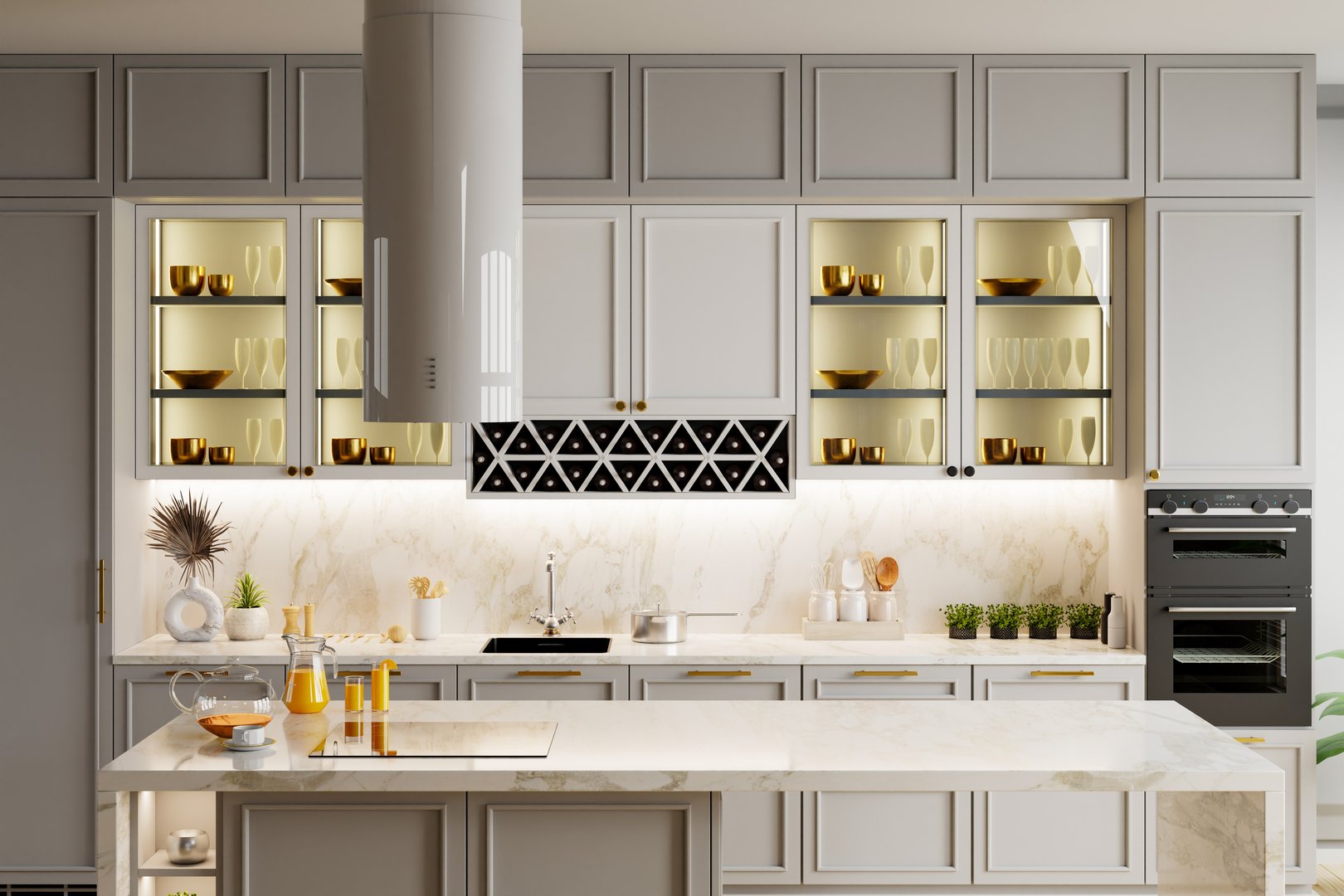 Marble table top in kitchen with a white countertop and cabinets. There is a sink and a stove- 3D rendering