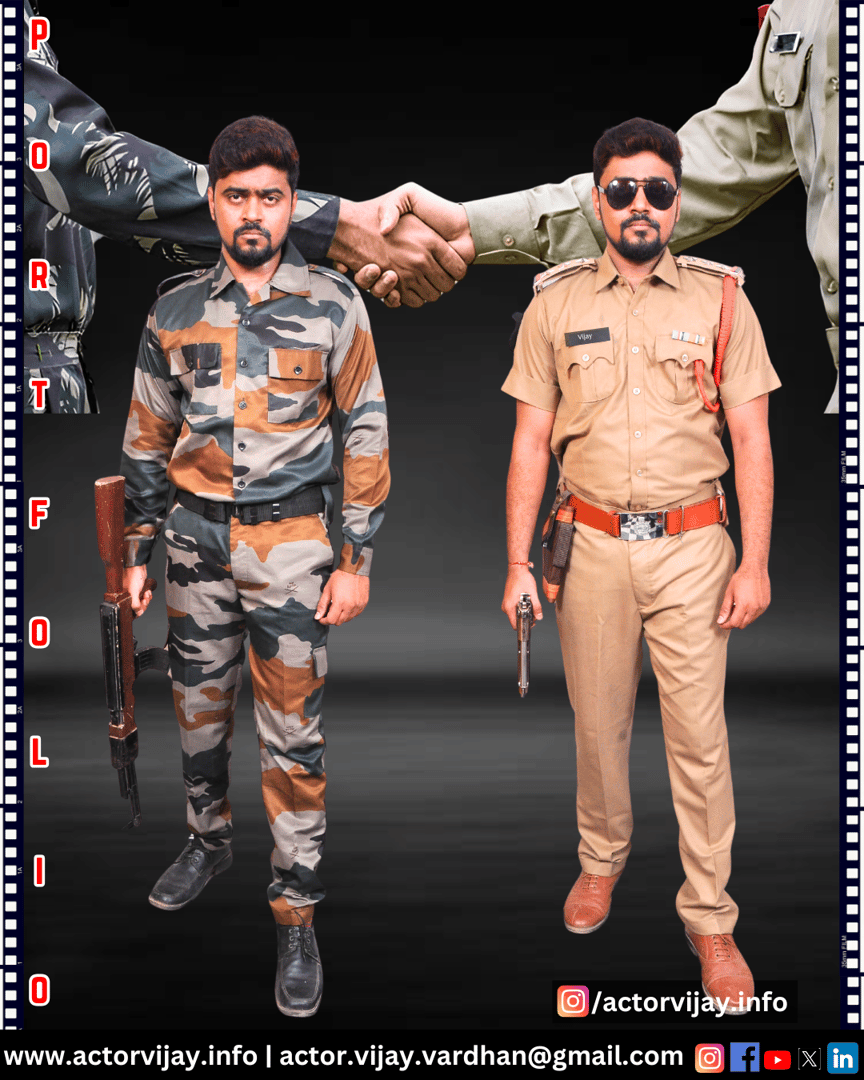 Man in military and police uniforms with rifles, background of shaking hands, contact info and social media icons displayed.