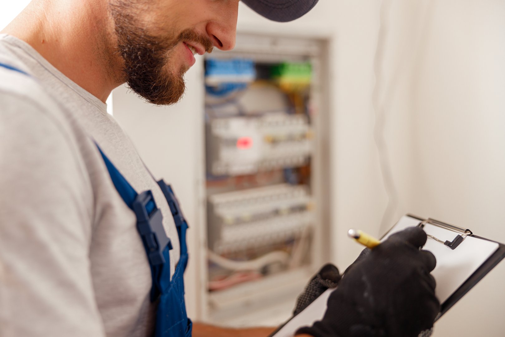 Closeup of electrician writing on a clipboard the data collected on a residential electric panel. Maintenance, occupation, safety concept