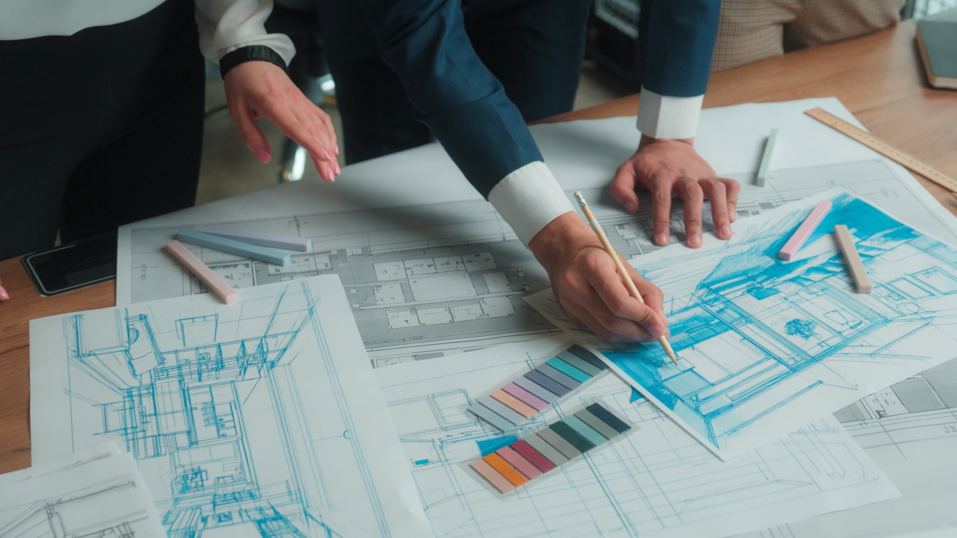 Architecture design project Arabian man architect designer engineer muslim women in hijab talk discuss office interior drawing building floor plan drafting blueprint on paper business team colleagues. High quality 4k footage