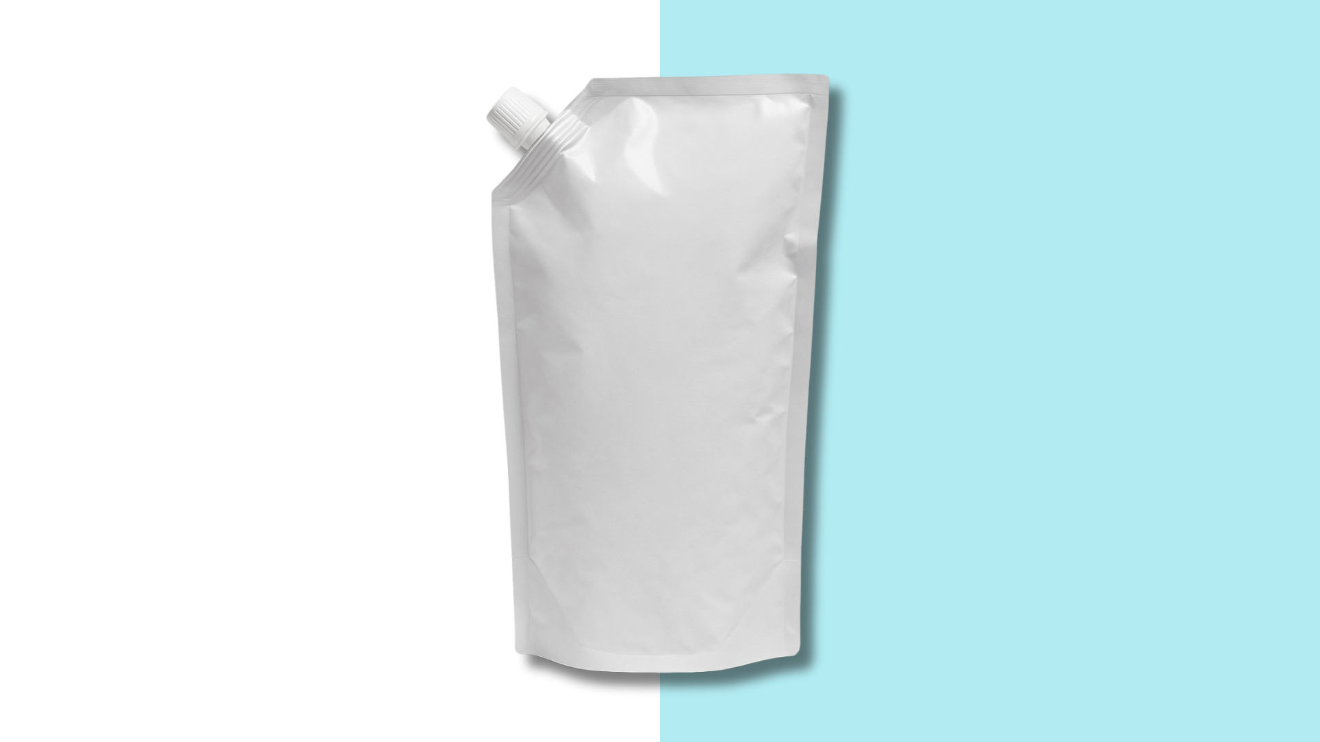 White flexible plastic pouch with a screw cap on a split white and blue background.
