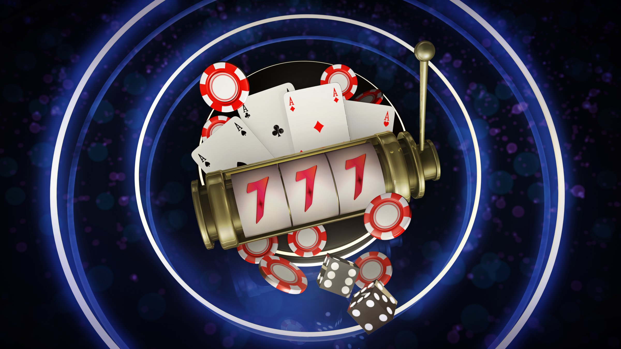 Slot machine, playing cards, tokens, poker chips, dices, in a bet illustration background template, with a dark shiny look