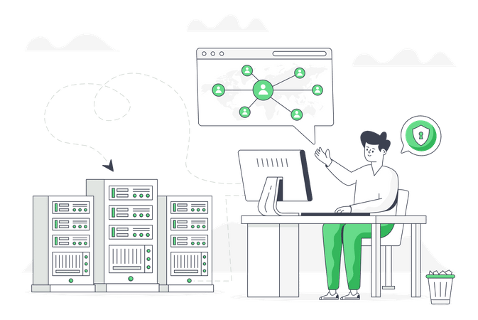 Illustration of a person at a computer managing servers with network connections and a security shield icon.