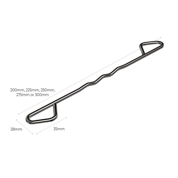 Metal s-hook with wavy middle section and dimensions labeled, used for hanging objects.